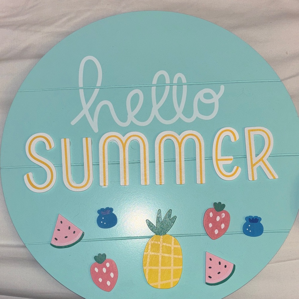 Hello Summer Wall Decor Sign - Blue and Yellow with fruit pieces (7)
